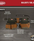 Two Bag Brown Tool Belt With Reinforced Pouch Bottoms, Barrel-Style Pouches, Infinity Belt Fits Up To 52 Inch Waist, Single Body Construction, Dual Hammer Loops, Adjustable Pouch System For Heavy Duty Worksite Carpentry displayed with features.