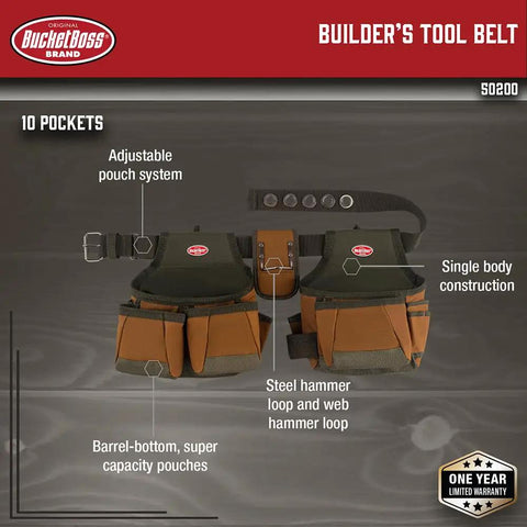 Two Bag Brown Tool Belt With Reinforced Pouch Bottoms, Barrel-Style Pouches, Infinity Belt Fits Up To 52 Inch Waist, Single Body Construction, Dual Hammer Loops, Adjustable Pouch System For Heavy Duty Worksite Carpentry displayed with features.