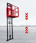 Compact Electric Lift Table With Guide Rail For Warehouse Or Basement shown in use with lifting platform extended outdoors.
