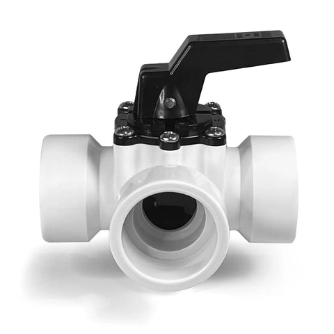 Front view of 3 Way Pool Diverter Valve Replacement Slip Valve 1-1/2 Inch For Pools And Spas White With Self Locking Handle.