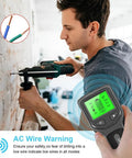 User operating the 5 in 1 Stud Finder Wall Detector with Backlight while drilling, displaying wire detection features and clear readings.