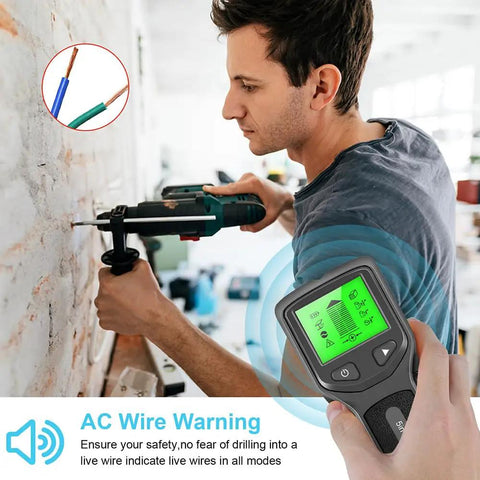 User operating the 5 in 1 Stud Finder Wall Detector with Backlight while drilling, displaying wire detection features and clear readings.