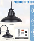 Two Pack Dusk To Dawn LED Outdoor Barn Lights With Gooseneck Wall Mounts, Large 12.25 Inch Black Porch Lights dimensions and features