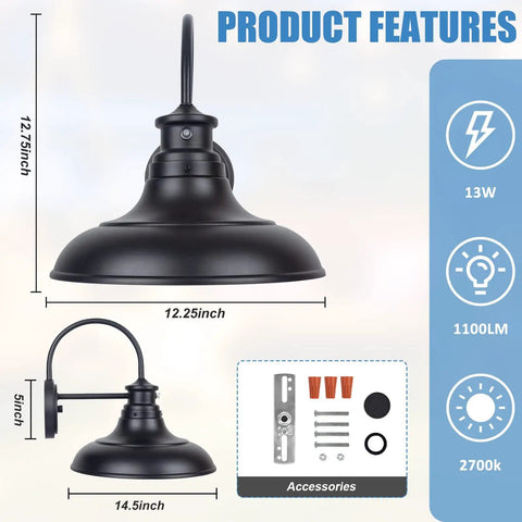 Two Pack Dusk To Dawn LED Outdoor Barn Lights With Gooseneck Wall Mounts, Large 12.25 Inch Black Porch Lights dimensions and features