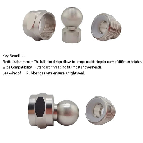Leak-Proof 360 Degree Swivel Shower Head Adapter With Ball Joint, Universal Arm Connector For Adjustable Showers, No-Fuss Durable Brass And Chrome Build In Brushed Nickel Finish. Brass and chrome shower adapter parts with ball joint and threaded ends