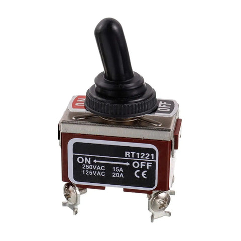 RT1221 DPST Toggle Switch 125V 20A And 250V 15A Rocker With Metal Waterproof Cap, 4 Terminal Pins, On Off, Weatherproof, Side View