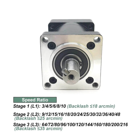 Front view of Planetary Gearbox Motor Reducer 86mm Stepper Gearbox showing input shaft and speed ratio options.