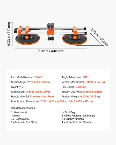 Front view of VEVOR Seamless Seam Setter 2-pack with 6-inch orange suction cups and stainless-steel rods.