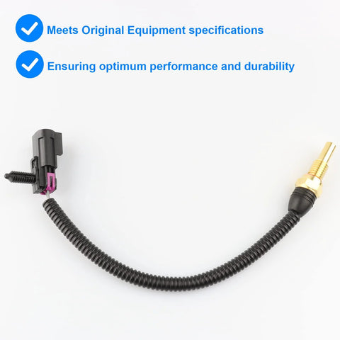 Coolant temperature sensor with wiring harness; brass probe, black corrugated sleeve, two-pin plastic connector