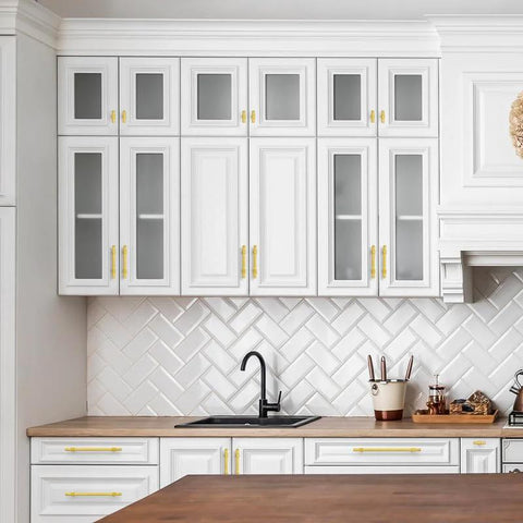 Clean kitchen with modern cabinetry featuring Gold Cabinet Handles Set 25 Pack 10 Inch Hole Center Stainless Steel Drawer Pulls.