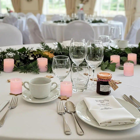Wedding table with Pink Marble Real Wax Flameless Candles Votive Set With Gentle LED Flicker 2 Inch Wide By 2.2 Inch High 6 Pack Batteries Included Mess Free And Romantic For Weddings And Spa Decor in a table setting with wine glasses and greenery