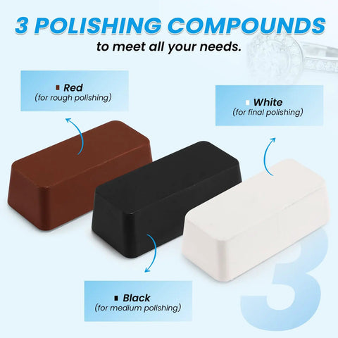 Three polishing compounds in red, black, and white for Bench Buffer Jewelry Polisher With Variable Speed Benchtop Buffing Machine Starter Kit.