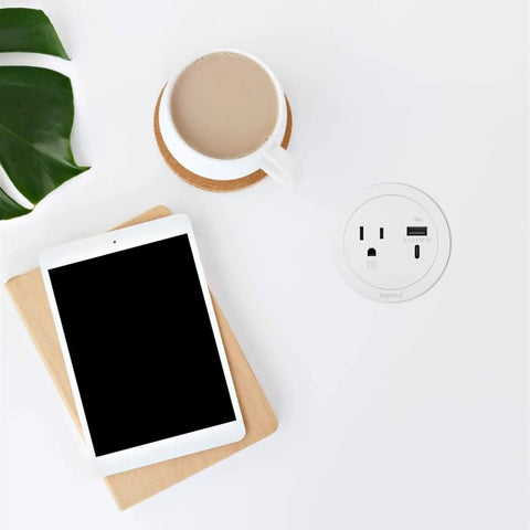 Round Furniture Power Center With USB Ports 1 Outlet USB Type A And USB C 6 Foot Cord White Low Profile Mount on table