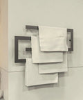 Modern Towel Shelf With Matt Black Finish Four Tier Wall Mounted Towel Rails And Shelves Rack, towels hanging neatly