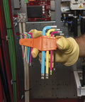 Long Ball End Hex Key Wrench Set With SAE And Metric, L Style, held by gloved hand in orange holder, color coded