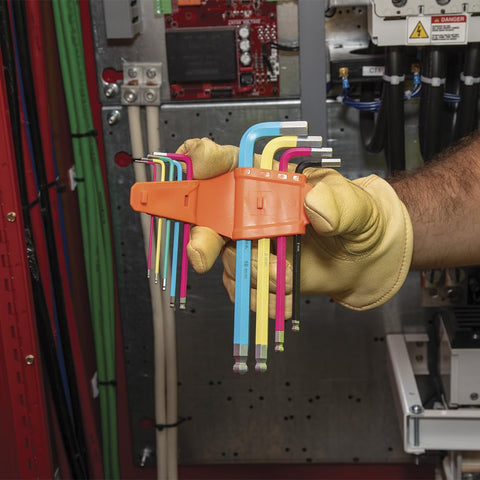 Long Ball End Hex Key Wrench Set With SAE And Metric, L Style, held by gloved hand in orange holder, color coded
