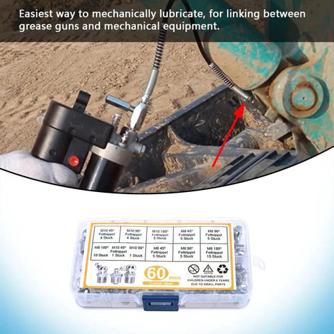 Pro Grade Heavy Duty Grease Fittings Kit With Straight And Angled Zerk Adapters in use with grease gun for machine lubrication.