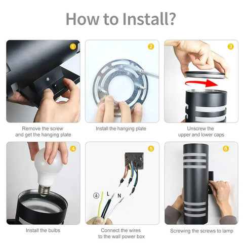 Installation steps for Dusk To Dawn Outdoor Wall Lights 2 Pack Up Down Cylinder Black Porch Sconces with auto photocell.
