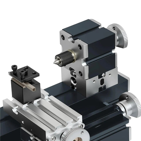Features of Heavy-Duty Miniature Metal Lathe With Electroplated Finish For DIY Projects, showcasing precision turning tool and components.