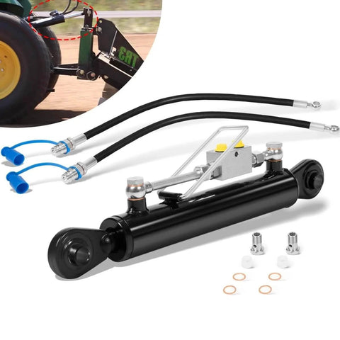 Heavy Duty Hydraulic Top Link Kit for Category One Tractors and Implements with Locking Block, Two Hoses, Valve Cylinder, Black, Side View