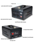 Beefy 3000W Voltage Transformer For Home Use with US and universal outlets, power LED, handle, and resettable circuit breaker.