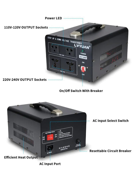 Beefy 3000W Voltage Transformer For Home Use with US and universal outlets, power LED, handle, and resettable circuit breaker.