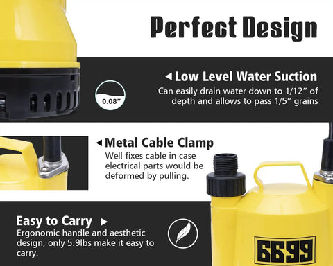 Design features of the One Sixth Horsepower Portable Submersible Utility Pump For Home Flood Cleanup, highlighting suction and cable clamp.