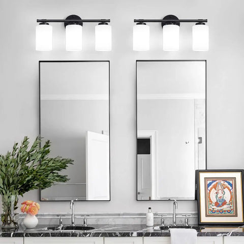 Black 2 Light Vanity Light Over Mirror Wall Sconce With Milky White Frosted Glass Shades, modern bathroom lighting fixture