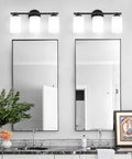 Three Light Matte Black Vanity Lights Over Mirror With Milk White Glass Shades, Modern Bathroom Wall Sconces For Mirror Hallway And Cabinet