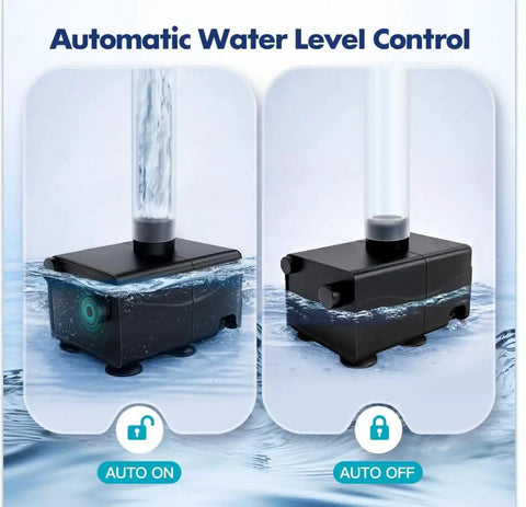 Automatic Tiny Sump Pump With Level Sensor Voltage Range 100 To 240V Lift 8.2 Ft 87 GPH shown with on and off modes in water.