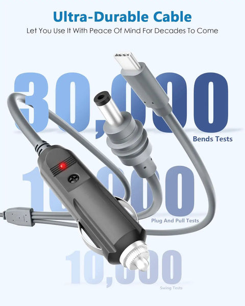 10 Ft 3 In 1 Usb C To Dc Power Cord For Starlink Mini with rugged 18 AWG wiring showing durability tests and connectors.