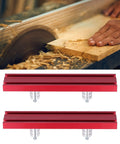 Pro Shop Woodworking Planing Stop And Bench Clamp Kit Featuring Snug Grip Aluminum Build with two red stops on wood.