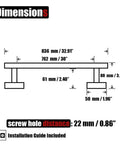 Heavy-Duty 33 Inch Stainless Steel Towel Bar for Bathrooms dimensions diagram with 304 brushed finish, 0.8mm tube, 2mm posts.