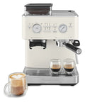 Semi Automatic Espresso Machine With Built In Burr Grinder And Smart Dosing Tech For Smooth One Or Two Shot Pulls Sturdy Metal Body In Porcelain White Delivers Legit Cafe Quality Straight Outta The Box with two espresso shots and latte in front.