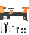 Workhorse Benchtop Wood Lathe 10x18 Inch For DIY Woodworking 0.5 HP 370W Power With Five Variable Speeds and tools displayed