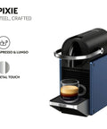 Pixie Espresso Machine By DeLonghi In Dark Blue A Compact Easy To Use Capsule Brewer That Makes Espresso And Lungo With One Touch Convenience For Quick Home Barista Vibes And Caffeine Fix