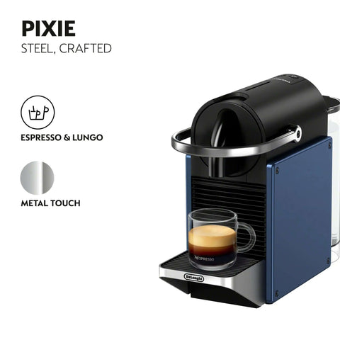 Pixie Espresso Machine By DeLonghi In Dark Blue A Compact Easy To Use Capsule Brewer That Makes Espresso And Lungo With One Touch Convenience For Quick Home Barista Vibes And Caffeine Fix