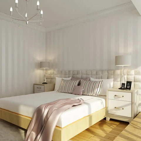 European Modern Minimalist Country Stripe Wallpaper Roll For Living Room Bedroom And TV Backdrop In Cream White Non Woven Eco Friendly Material With Rich Texture Subtle Gloss And Enhanced Depth For A Cozy Home Vibe shown in a bedroom setting.