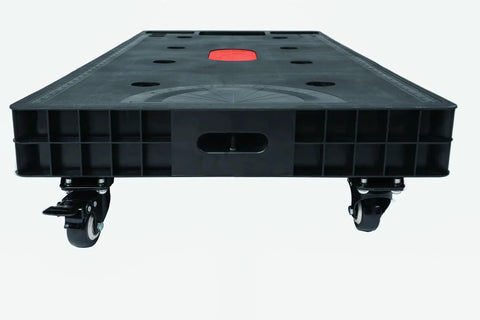 Five In One Workbench Table With Adjustable Height And Clamping Surface That Doubles As Scaffold Dolly And Creeper Do It All Orange And Black Multi Purpose Work Station showing black base with caster wheels