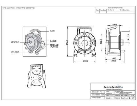 Heavy Duty Cat6A Ethernet Retractable Network Extension Reel waterproof and shielded design with detailed dimensions.