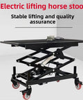 Heavy Duty Electric Scissor Lift Table With Smooth Hydraulic Action For Lifting Heavy Loads In Warehouses Or Factories Featuring Silent Motor And Adjustable Height Platform For Easy Material Handling Tasks, showcasing a stable black steel frame with wheels.
