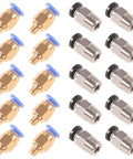 Twenty PC4-M6 brass push-to-connect fittings with blue caps and PC4-M10 straight fittings for 3D printer Bowden extruder.