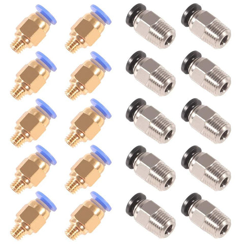 Twenty PC4-M6 brass push-to-connect fittings with blue caps and PC4-M10 straight fittings for 3D printer Bowden extruder.