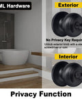 Image of Matte Black Privacy Door Knob Set Four Pack Keyless Interior Door Lock for Bedroom or Bathroom showing exterior and interior designs.