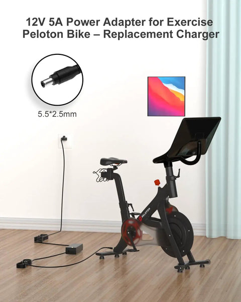 Peloton Replacement Power Cord 12V 5A AC DC Charger for PLTN RB1V1 RB1VO RB1VQ Gen 1 2 3 Bikes shown with exercise bike
