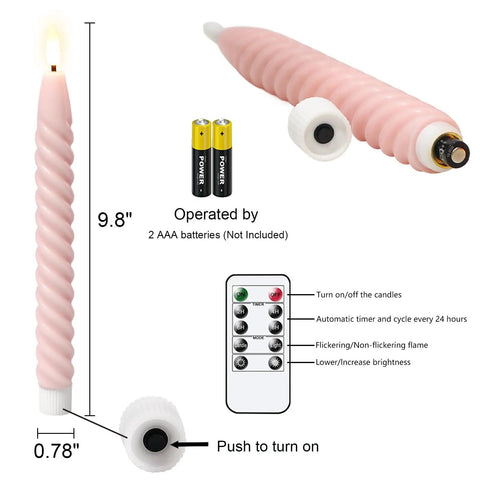 Pink Flameless Taper Candles Real Wax With Remote Timer 6 Pack 9.8 Inch LED Spiral 3D Wick details and remote control operations.
