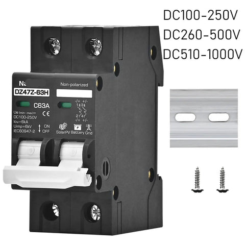 Kickass Two Pole DC Miniature Circuit Breaker With Top Shelf Protection For Solar Panels and Big Battery Banks showing wiring terminals.
