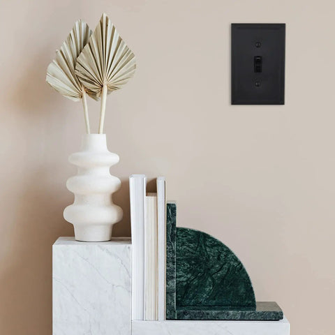 Black Insulated Triple Toggle Wall Plate 3-Gang Receptacle Cover With Decorative Cornice White Made In USA on beige wall