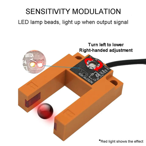 Infrared U Slot Photoelectric Sensor Proximity Switch Three Wire NPN PNP DC 12 24V Detection For Industrial Automation NO Output No Fuss Install Compact E3S GS30 GS15 GS7 Series Reliable Sensing Across Small Gaps, orange U-slot body