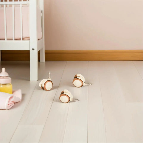 4pcs PU Grip Neck Stem Casters for Nursery Carts and Bookcase on light floor near crib with baby items.